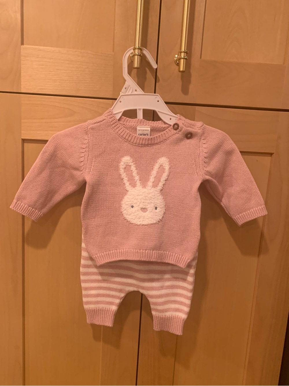 Pink Bunny Knit Sweater and Striped Pants Set